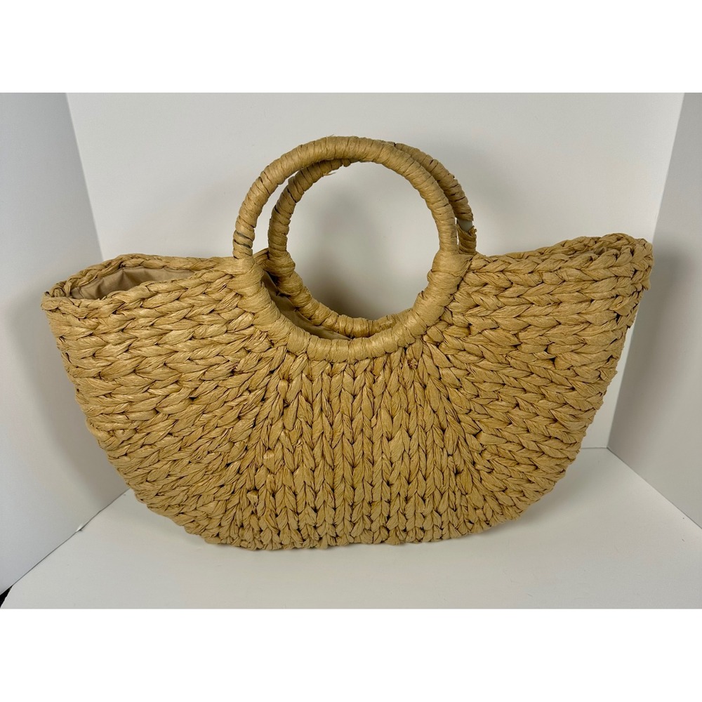 Woven Straw Half Moon Tote Bag Natural Tan Circle Handle Beach Handbag Large